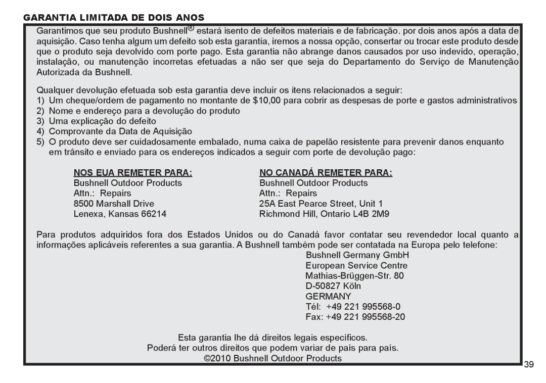 Bushnell 260333, 260332 instruction manual Garantia Limitada DE Dois Anos, NOS EUA Remeter Para, No Canadá Remeter Para 