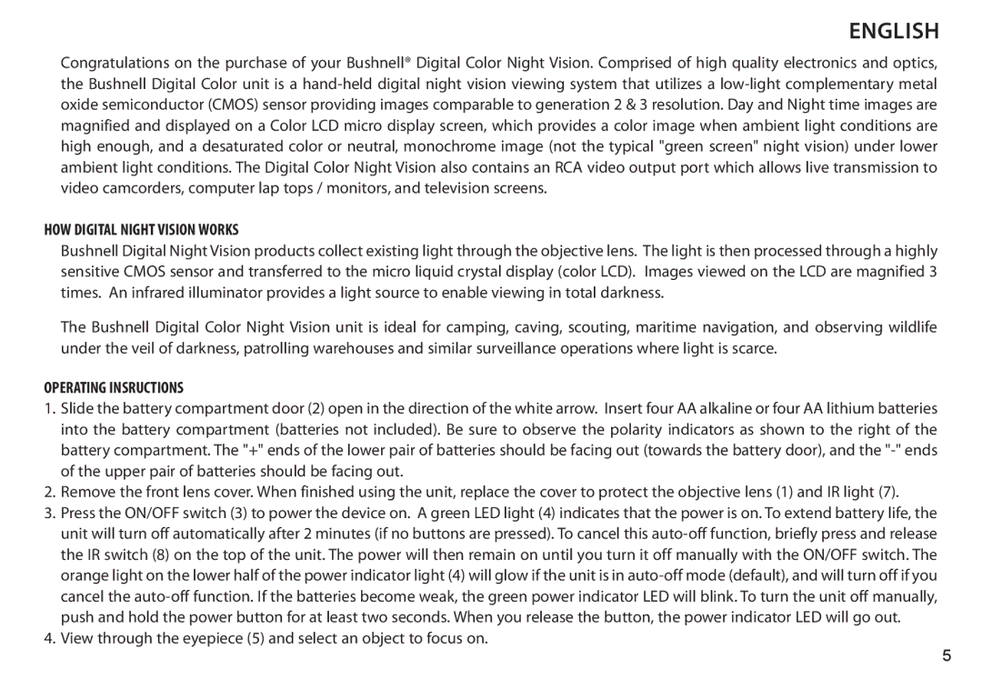 Bushnell 260333, 260332 instruction manual HOW Digital Night Vision Works, Operating Insructions 