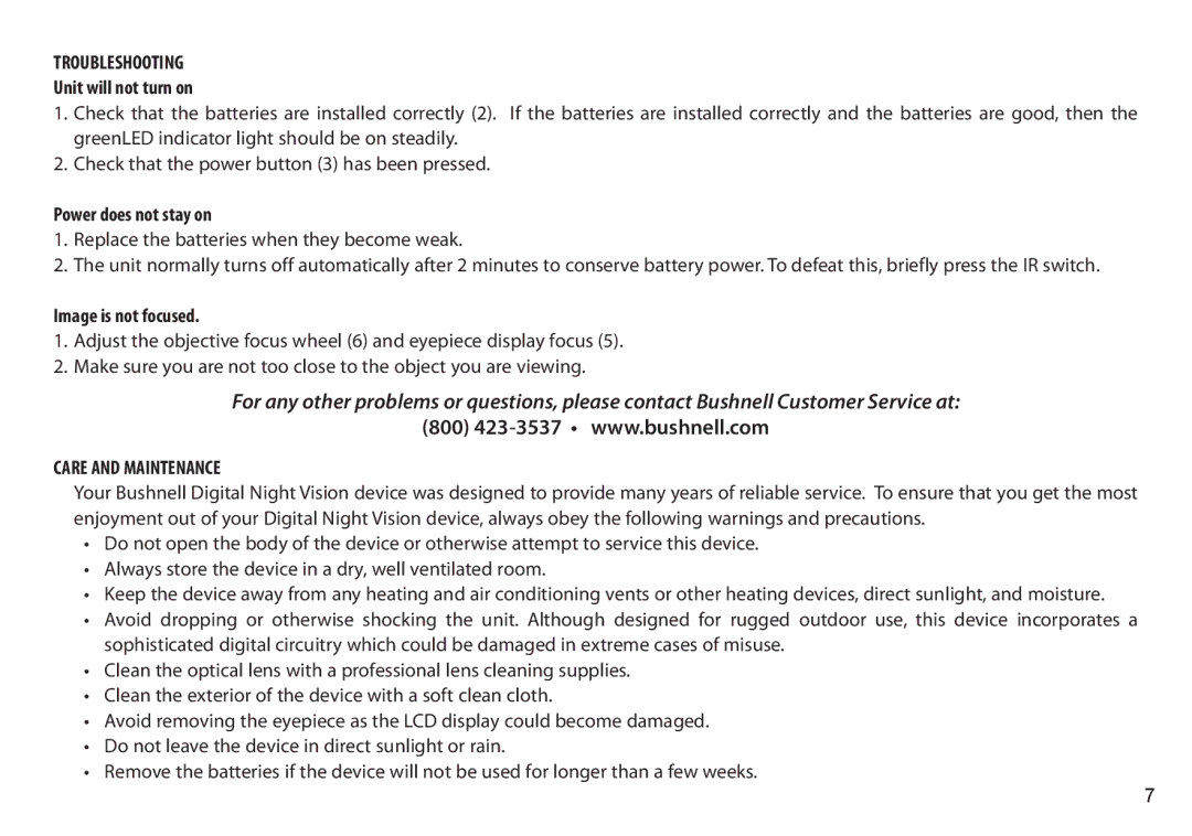 Bushnell 260333 Troubleshooting, Unit will not turn on, Power does not stay on, Image is not focused, Care and Maintenance 