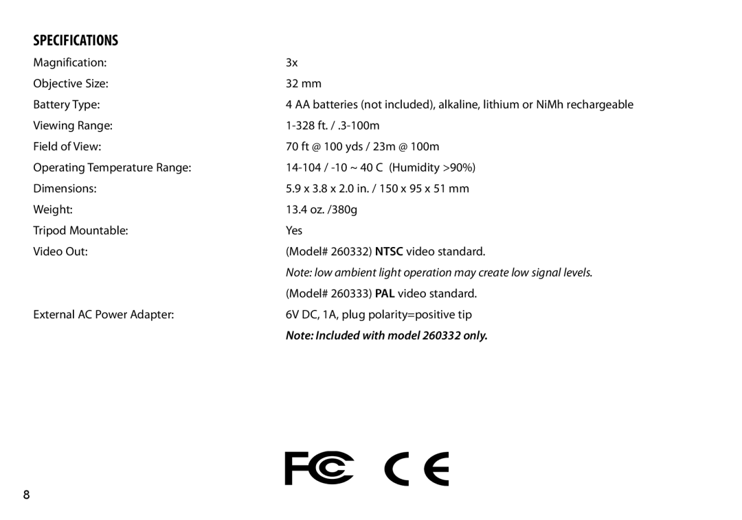 Bushnell 260332, 260333 instruction manual Specifications 