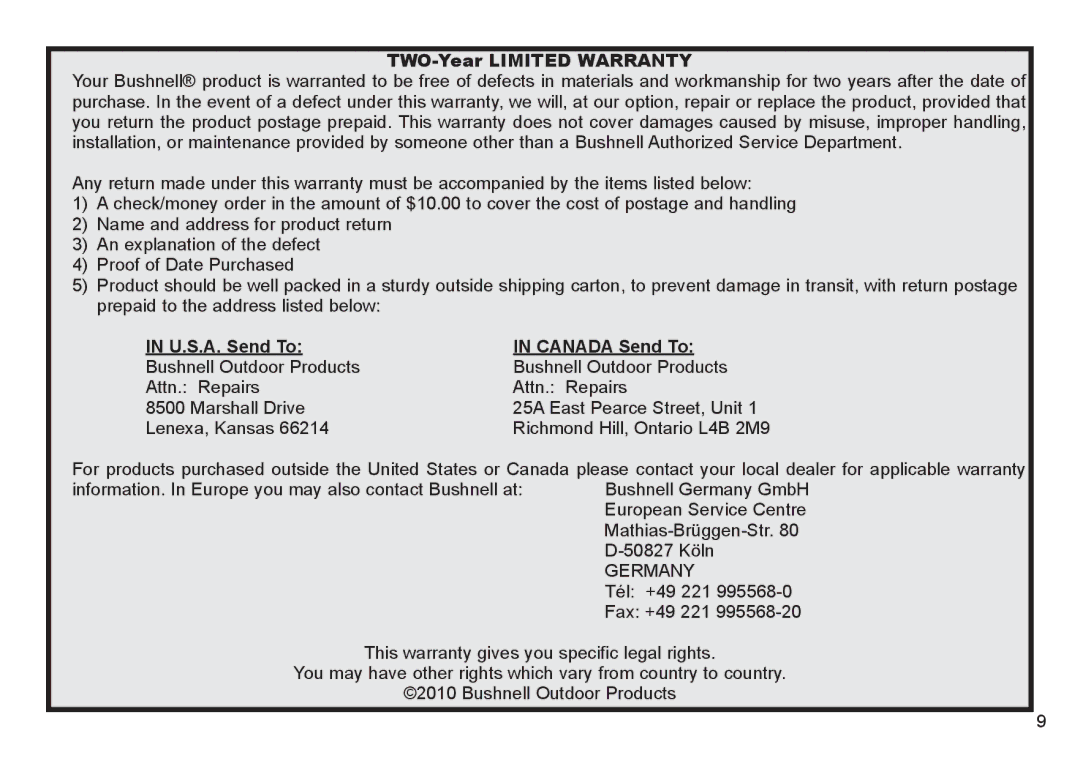 Bushnell 260333, 260332 instruction manual TWO-Year Limited Warranty, U.S.A. Send To Canada Send To 