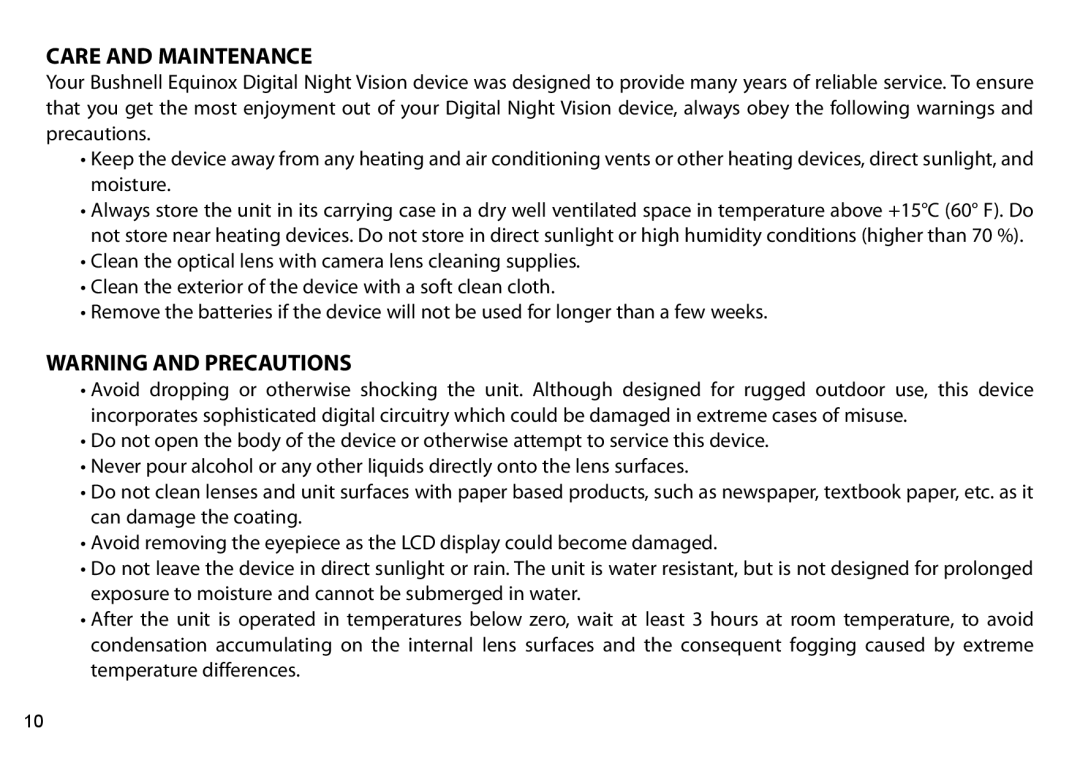 Bushnell 260651, 260650, 260441, 260440 instruction manual Care and Maintenance 