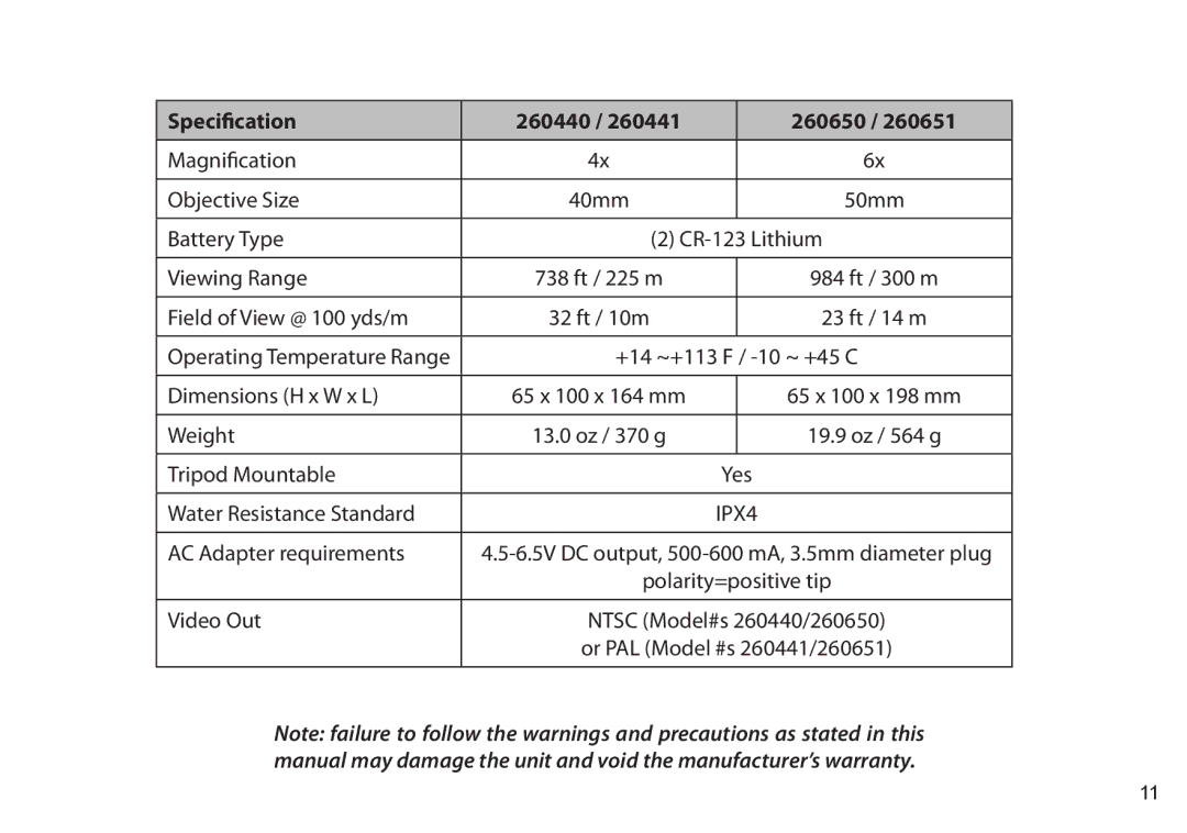 Bushnell 260441, 260651 instruction manual Specification 260440 260650 