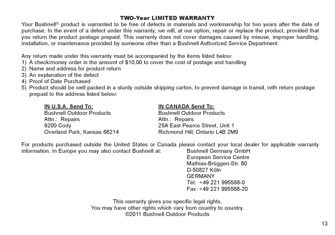 Bushnell 260441, 260650, 260651, 260440 instruction manual TWO-Year Limited Warranty, U.S.A. Send To Canada Send To 