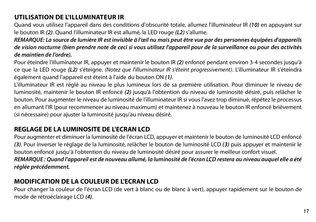 Bushnell 260441, 260650, 260651, 260440 Utilisation de lilluminateur IR, Reglage DE LA Luminosite DE Lecran LCD 