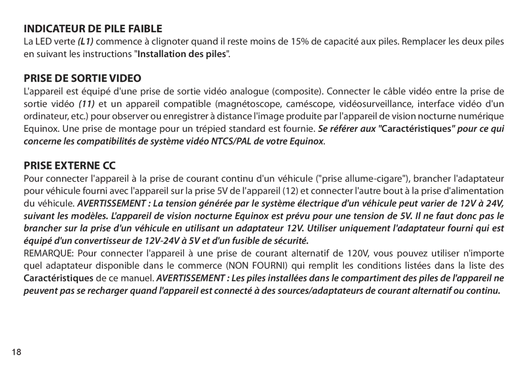 Bushnell 260651, 260650, 260441, 260440 instruction manual Indicateur DE Pile Faible, Prise DE Sortie Video, Prise Externe CC 