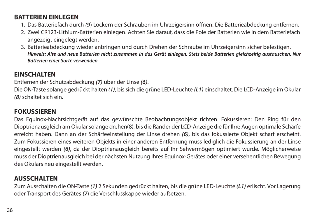 Bushnell 260650, 260441, 260651, 260440 instruction manual Batterien Einlegen, Einschalten, Fokussieren, Ausschalten 