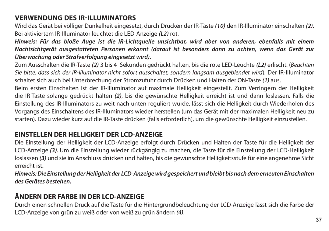 Bushnell 260441, 260650, 260651, 260440 Verwendung DES IR-Illuminators, Einstellen DER Helligkeit DER LCD-ANZEIGE 