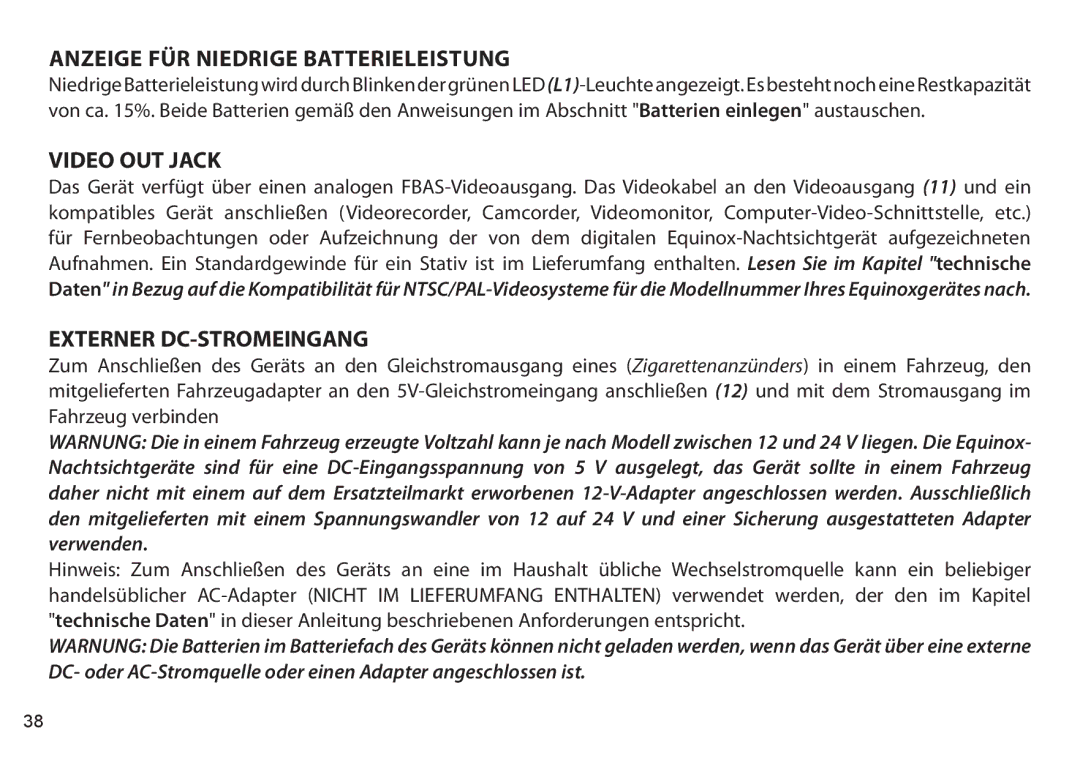 Bushnell 260651, 260650, 260441, 260440 instruction manual Anzeige für niedrige Batterieleistung, Externer DC-STROMEINGANG 