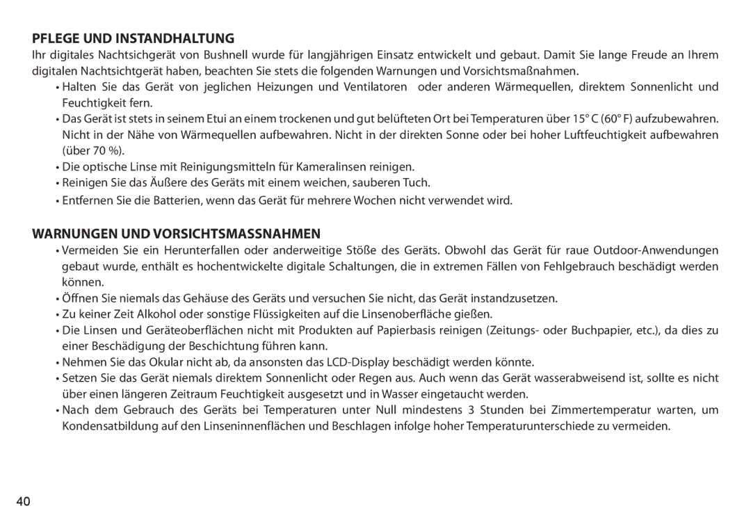 Bushnell 260650, 260441, 260651, 260440 instruction manual Pflege UND Instandhaltung 