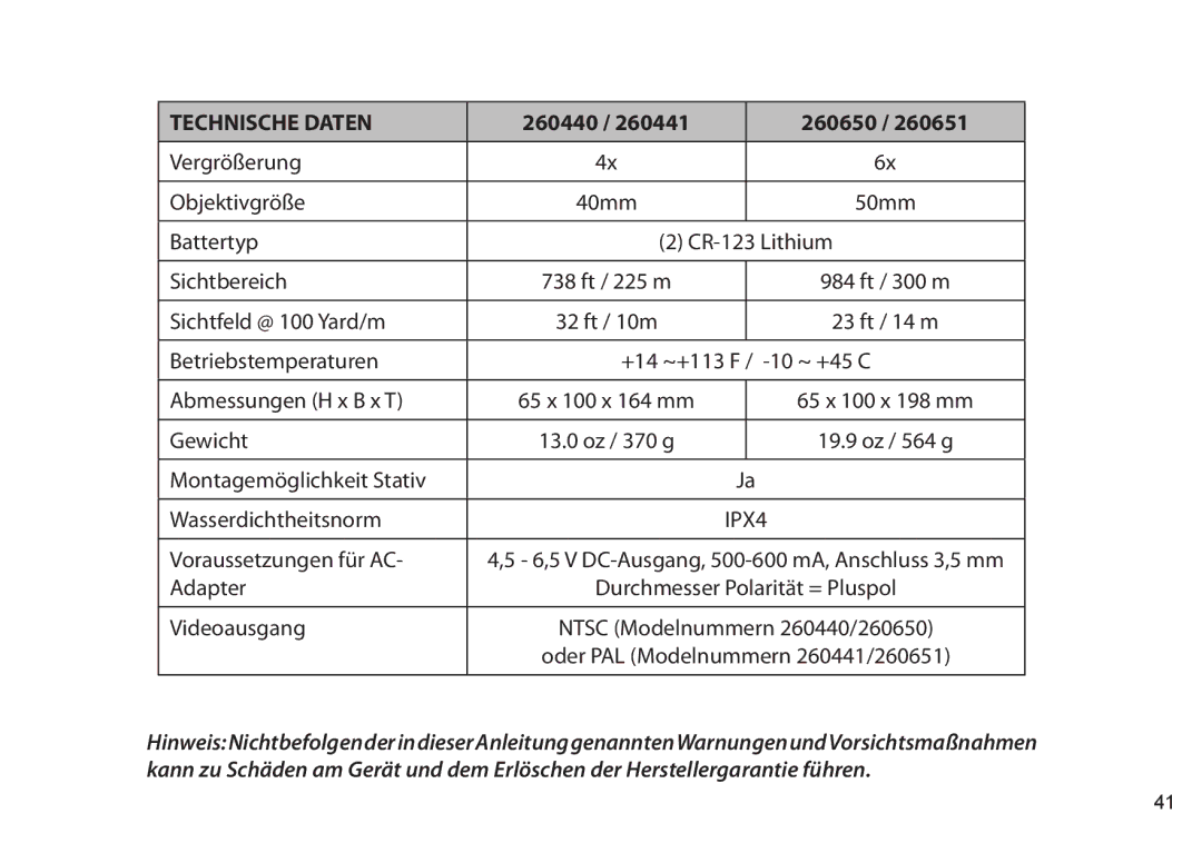 Bushnell 260441, 260650, 260651, 260440 instruction manual Technische Daten 