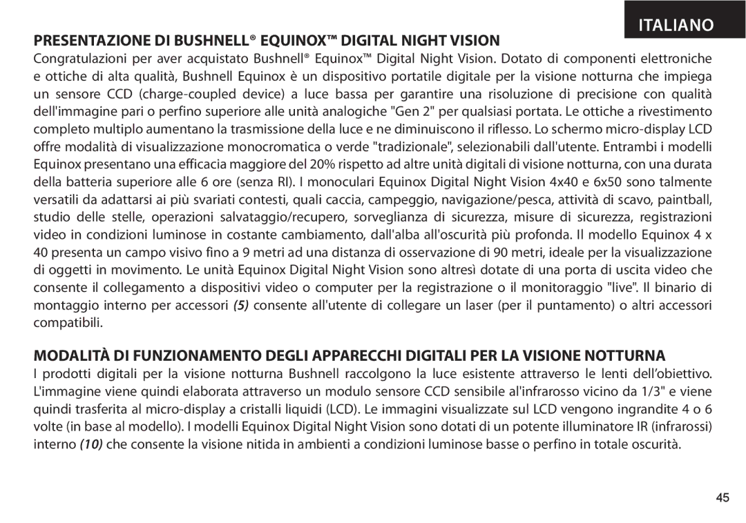 Bushnell 260441, 260650, 260651, 260440 instruction manual Italiano, Presentazione DI Bushnell Equinox Digital Night Vision 