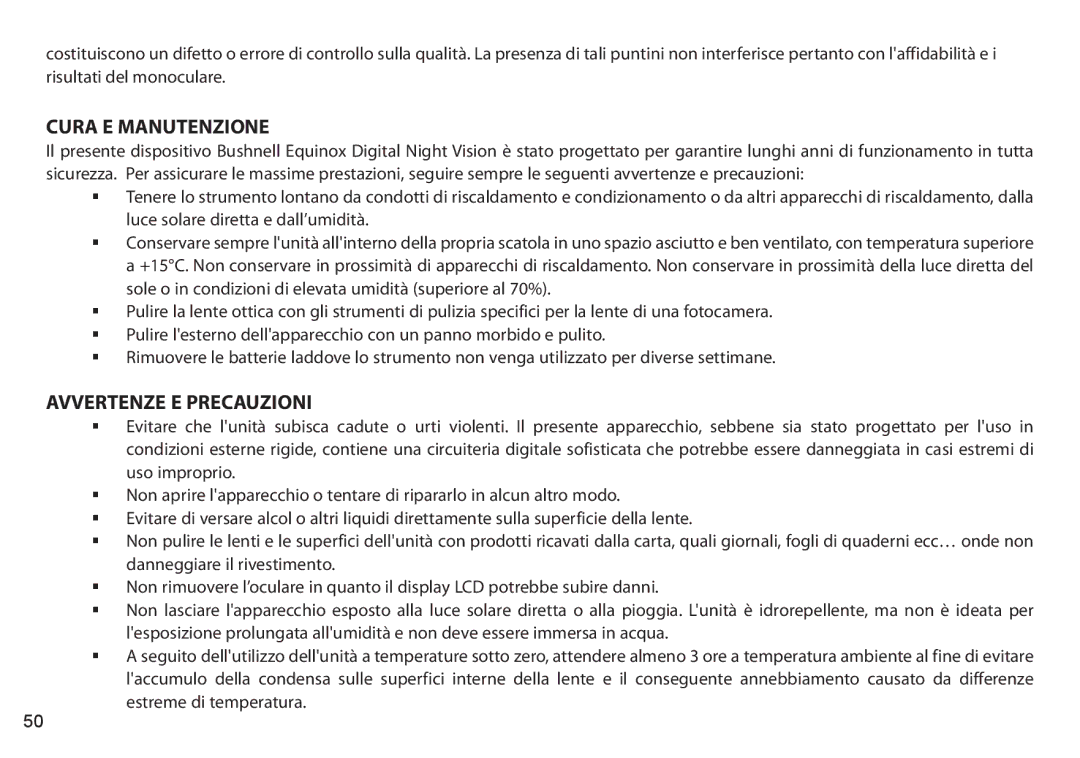 Bushnell 260651, 260650, 260441, 260440 instruction manual Cura E Manutenzione 