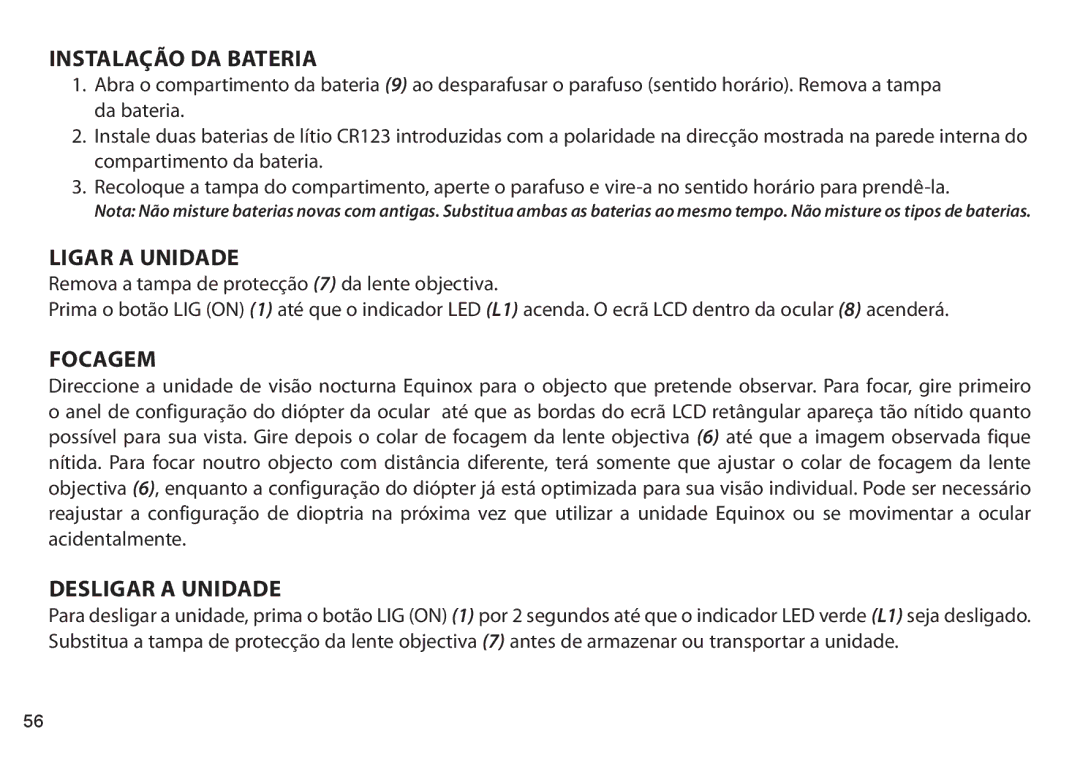 Bushnell 260650, 260441, 260651, 260440 instruction manual Instalação da Bateria, Ligar a Unidade, Focagem, Desligar a Unidade 