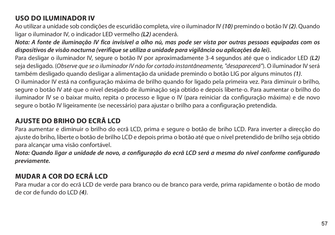 Bushnell 260441, 260650, 260651, 260440 Uso do Iluminador, Ajuste do Briho do Ecrã LCD, Mudar a Cor do Ecrã LCD 