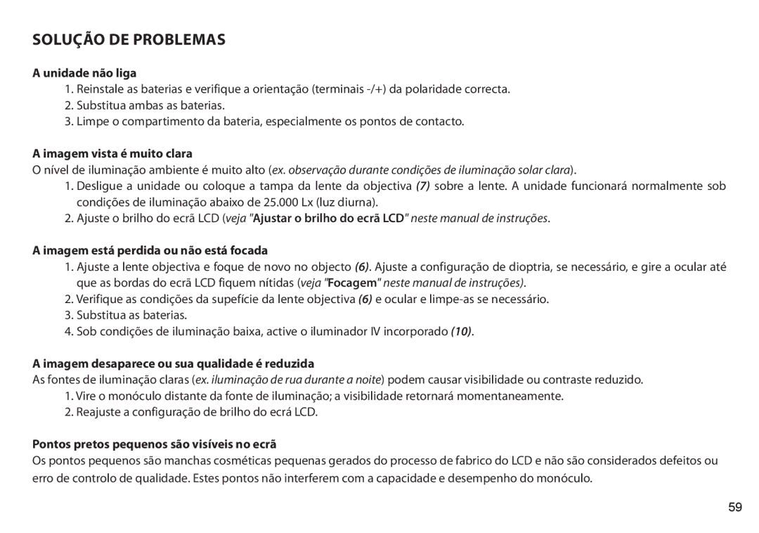 Bushnell 260440, 260650, 260441, 260651 instruction manual Solução de Problemas 