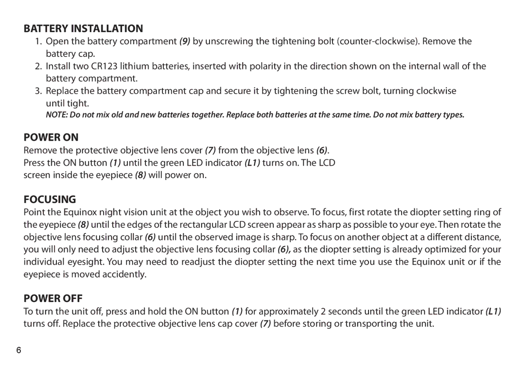 Bushnell 260651, 260650, 260441, 260440 instruction manual Battery Installation, Power on, Focusing, Power OFF 