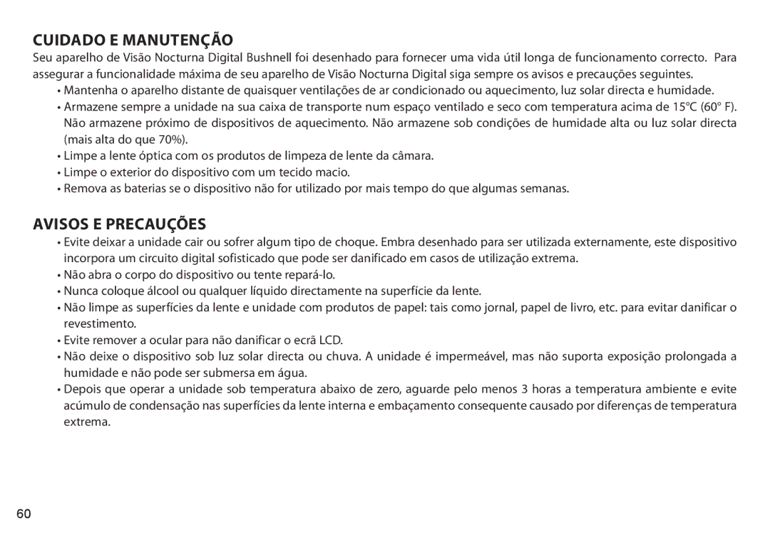 Bushnell 260650, 260441, 260651, 260440 instruction manual Cuidado e Manutenção, Avisos e Precauções 