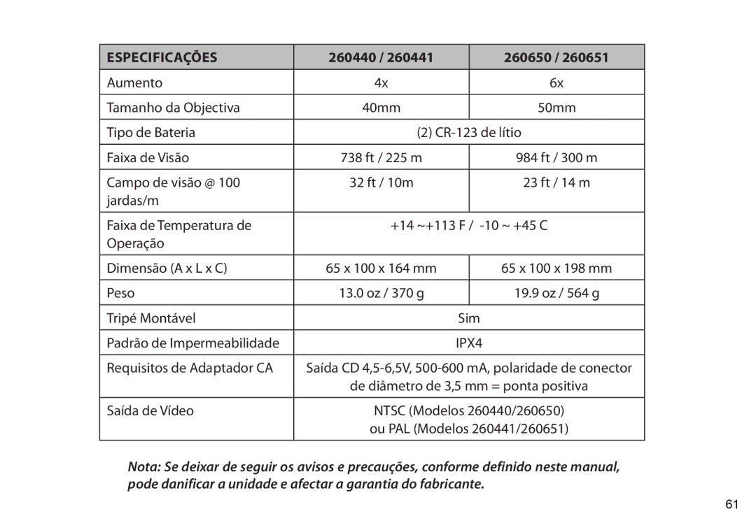 Bushnell 260441, 260651 instruction manual Especificações 260440 260650 