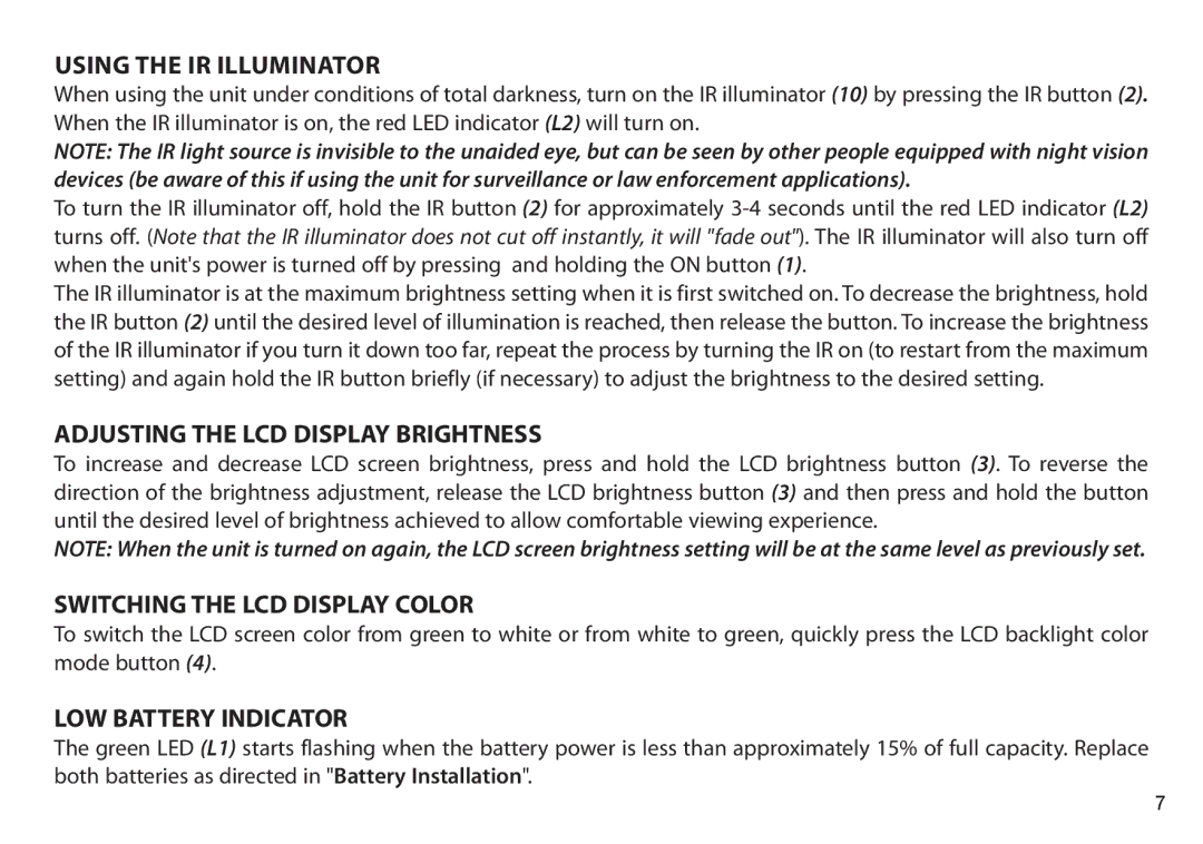 Bushnell 260440, 260650 Using the IR Illuminator, Adjusting the LCD Display Brightness, Switching the LCD Display Color 