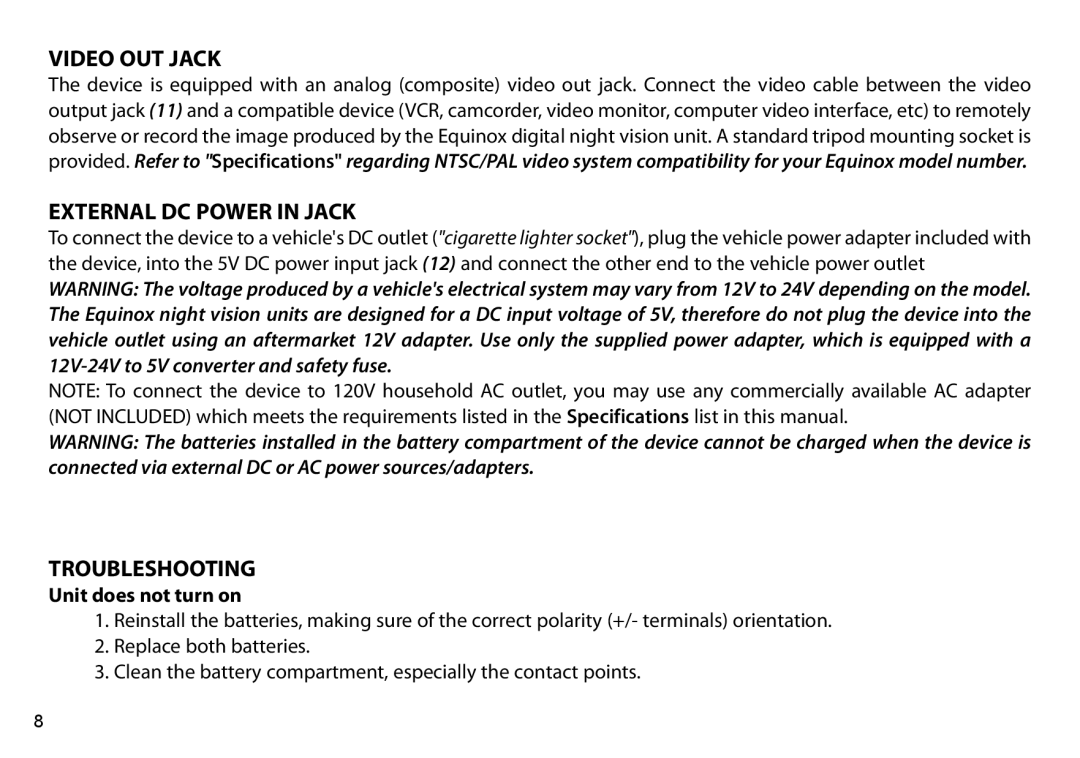 Bushnell 260650, 260441, 260651, 260440 instruction manual Video OUT Jack, External DC Power in Jack, Troubleshooting 