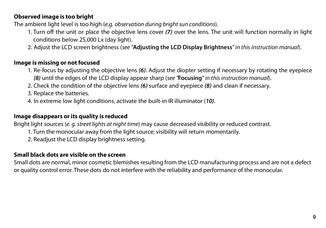 Bushnell 260441, 260650, 260651, 260440 instruction manual Observed image is too bright 