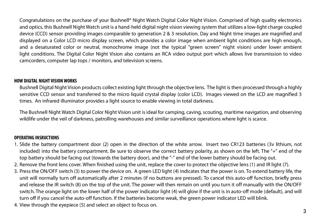 Bushnell 263230CL instruction manual HOW Digital Night Vision Works, Operating Insructions 