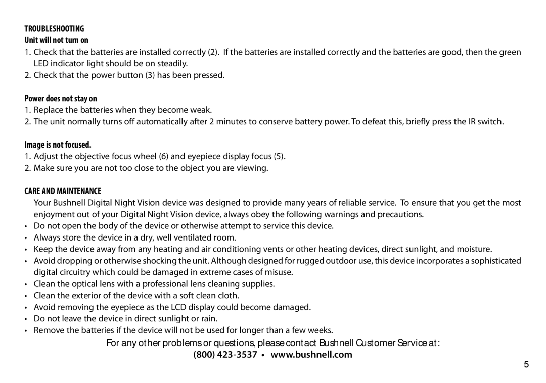 Bushnell 263230CL instruction manual Troubleshooting, Unit will not turn on, Power does not stay on, Image is not focused 