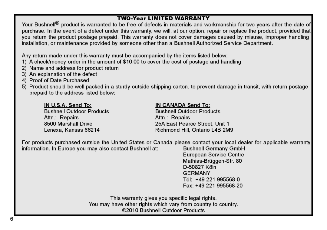 Bushnell 263230CL instruction manual TWO-Year Limited Warranty, U.S.A. Send To Canada Send To 