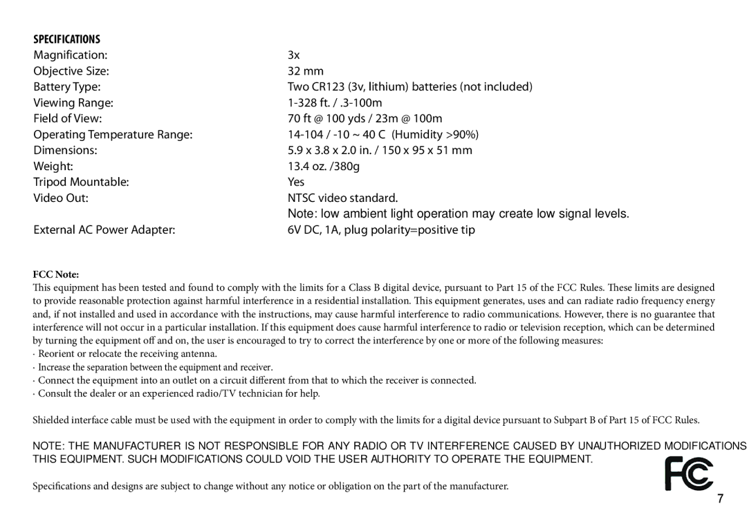 Bushnell 263230CL instruction manual Specifications, FCC Note 