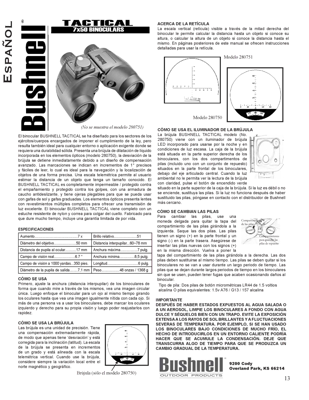 Bushnell 280751, 280750 warranty Cómo SE USA LA Brújula, Acerca DE LA Retícula, Cómo SE Cambian LAS Pilas 