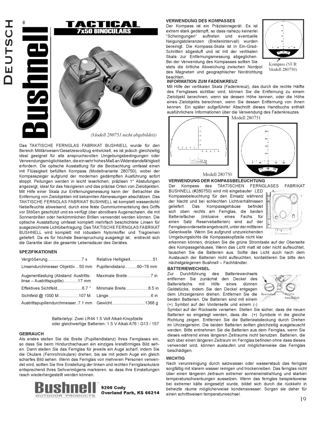 Bushnell 280751 Spezifikationen, Gebrauch, Verwendung DES Kompasses, Information ZUM Fadenkreuz, Batteriewechsel, Wichtig 
