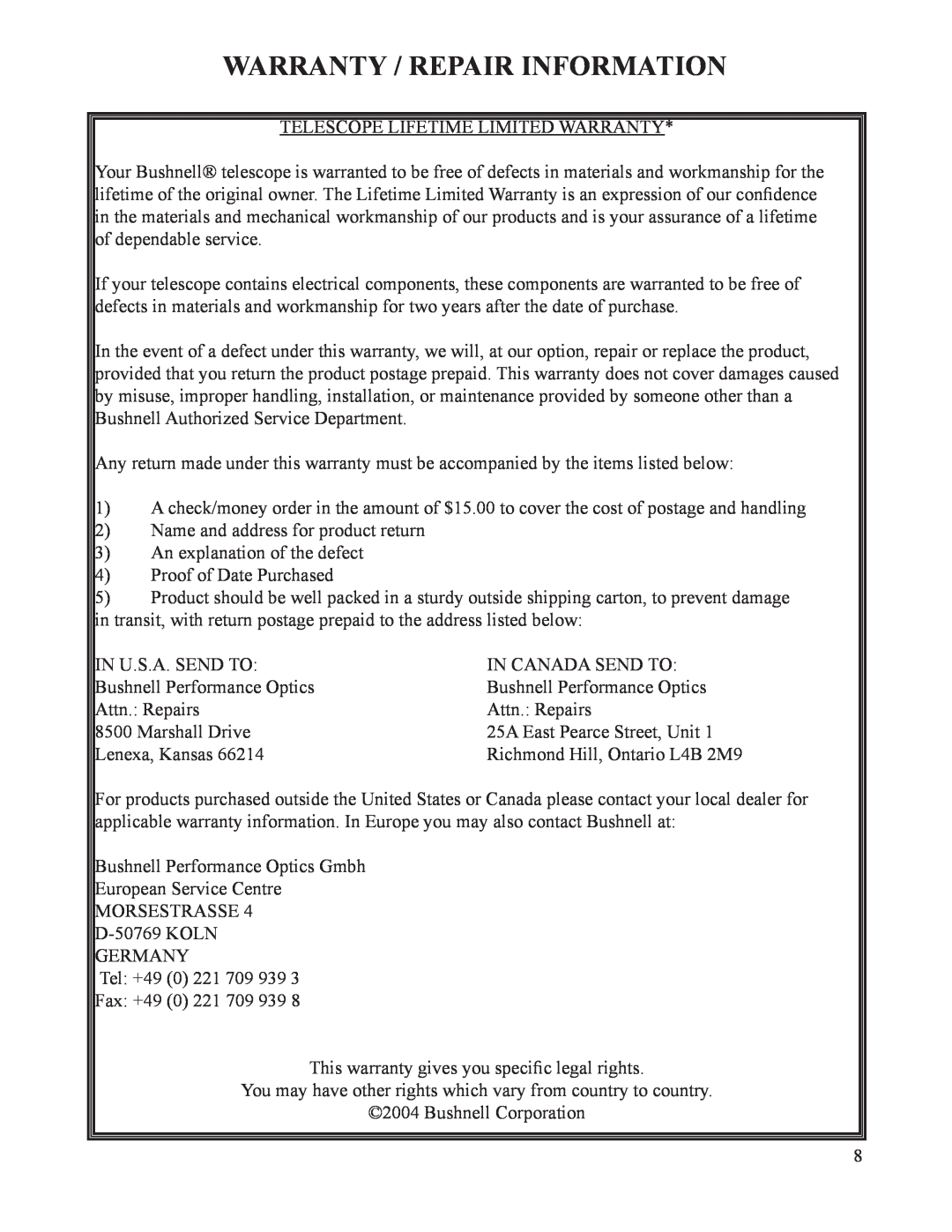 Bushnell 3" REFLECTOR manual Warranty / Repair Information 