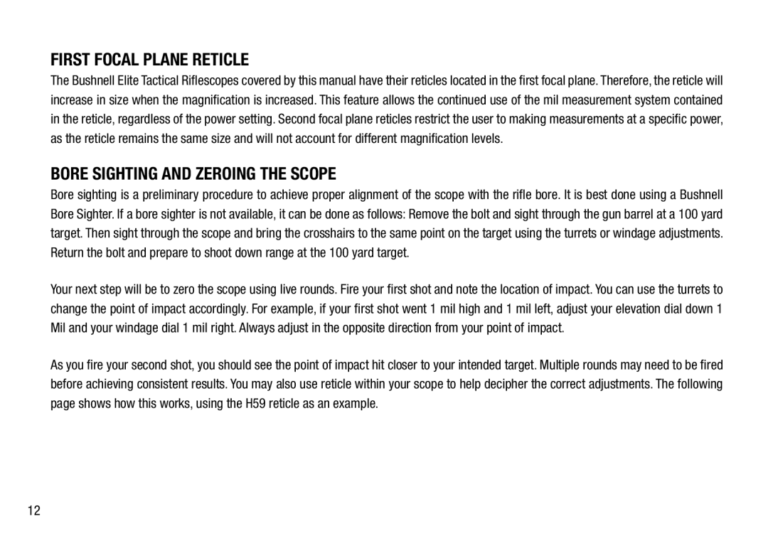 Bushnell 3.5-21X50, 4.5-30X50 manual First Focal Plane Reticle, Bore Sighting and Zeroing the Scope 