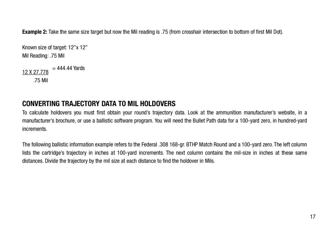 Bushnell 4.5-30X50, 3.5-21X50 manual Converting Trajectory Data to Mil Holdovers 