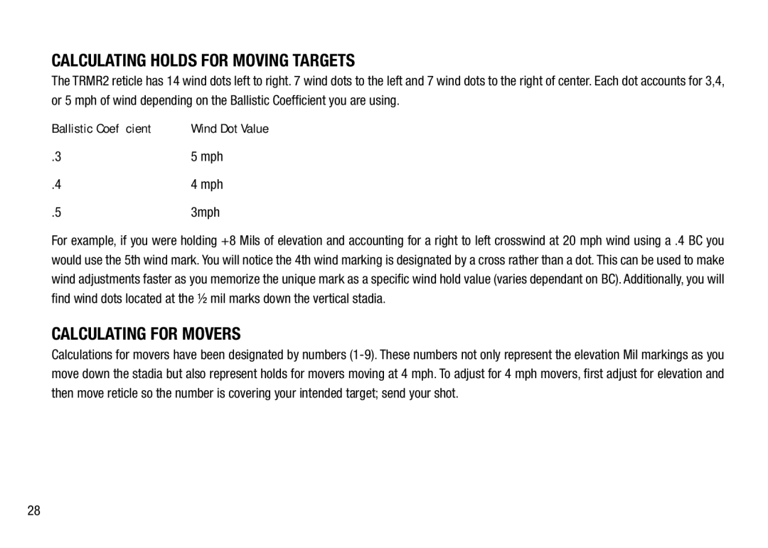 Bushnell 3.5-21X50, 4.5-30X50 manual Calculating for Movers, 3mph 