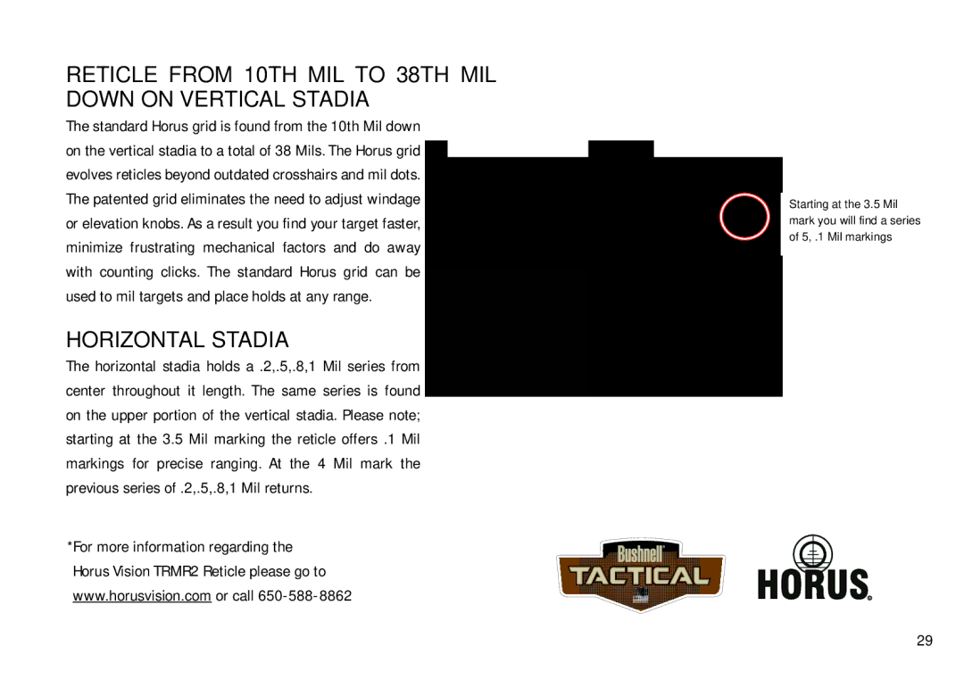 Bushnell 4.5-30X50, 3.5-21X50 manual Reticle from 10TH MIL to 38TH MIL Down on Vertical Stadia, Horizontal Stadia 