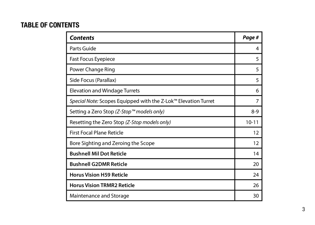 Bushnell 4.5-30X50, 3.5-21X50 manual Table of Contents 