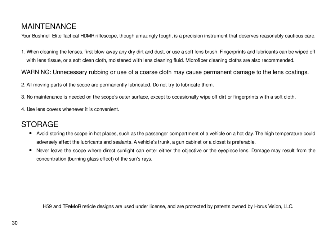 Bushnell 3.5-21X50, 4.5-30X50 manual Maintenance, Storage 