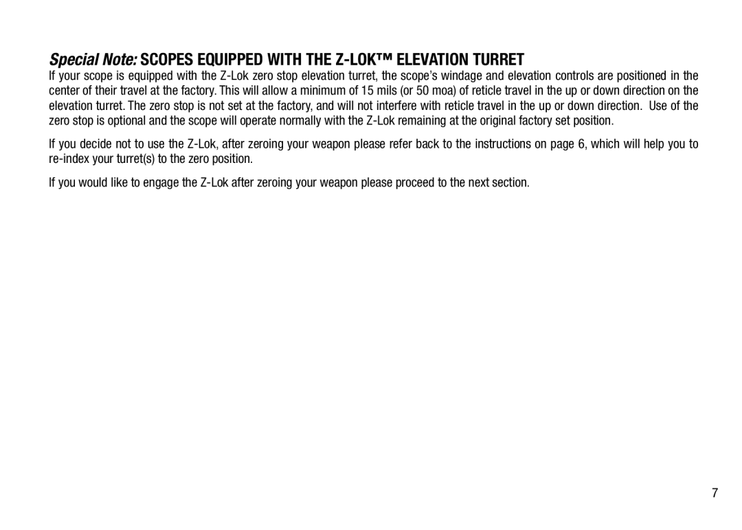 Bushnell 4.5-30X50, 3.5-21X50 manual Special Note Scopes Equipped with the Z-Lok elevation turret 