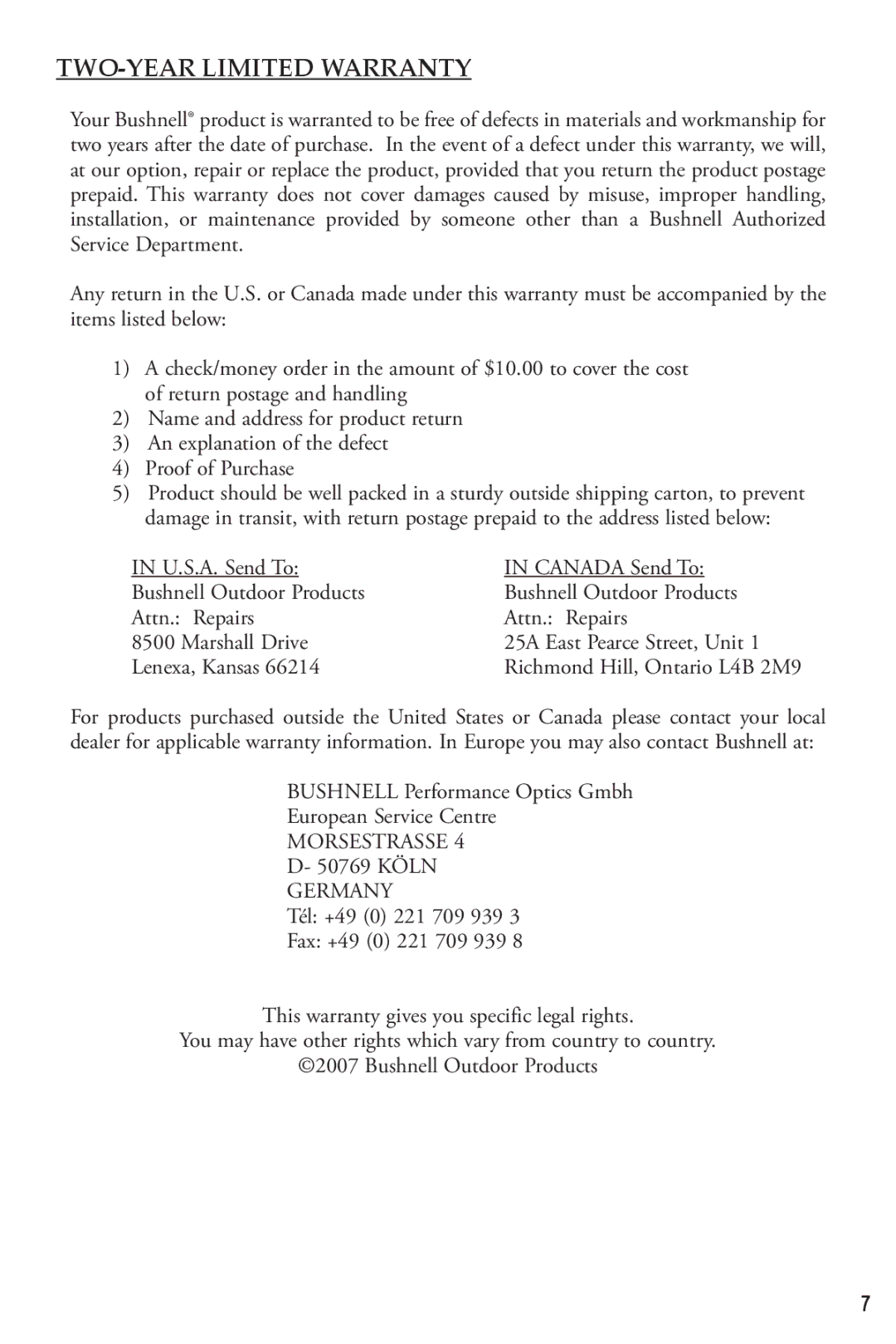 Bushnell 1X, 3.5X owner manual TWO-YEAR Limited Warranty, An explanation of the defect 