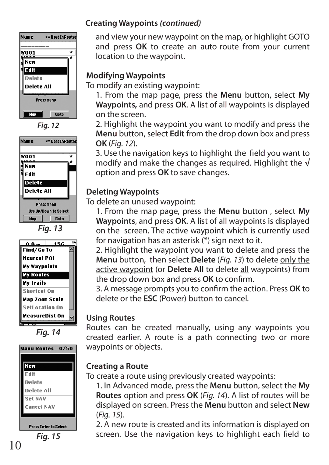 Bushnell 36-1100 quick start Modifying Waypoints, Deleting Waypoints, Using Routes, Creating a Route 