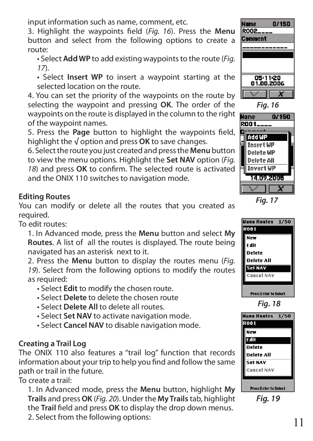 Bushnell 36-1100 quick start Editing Routes, Creating a Trail Log 