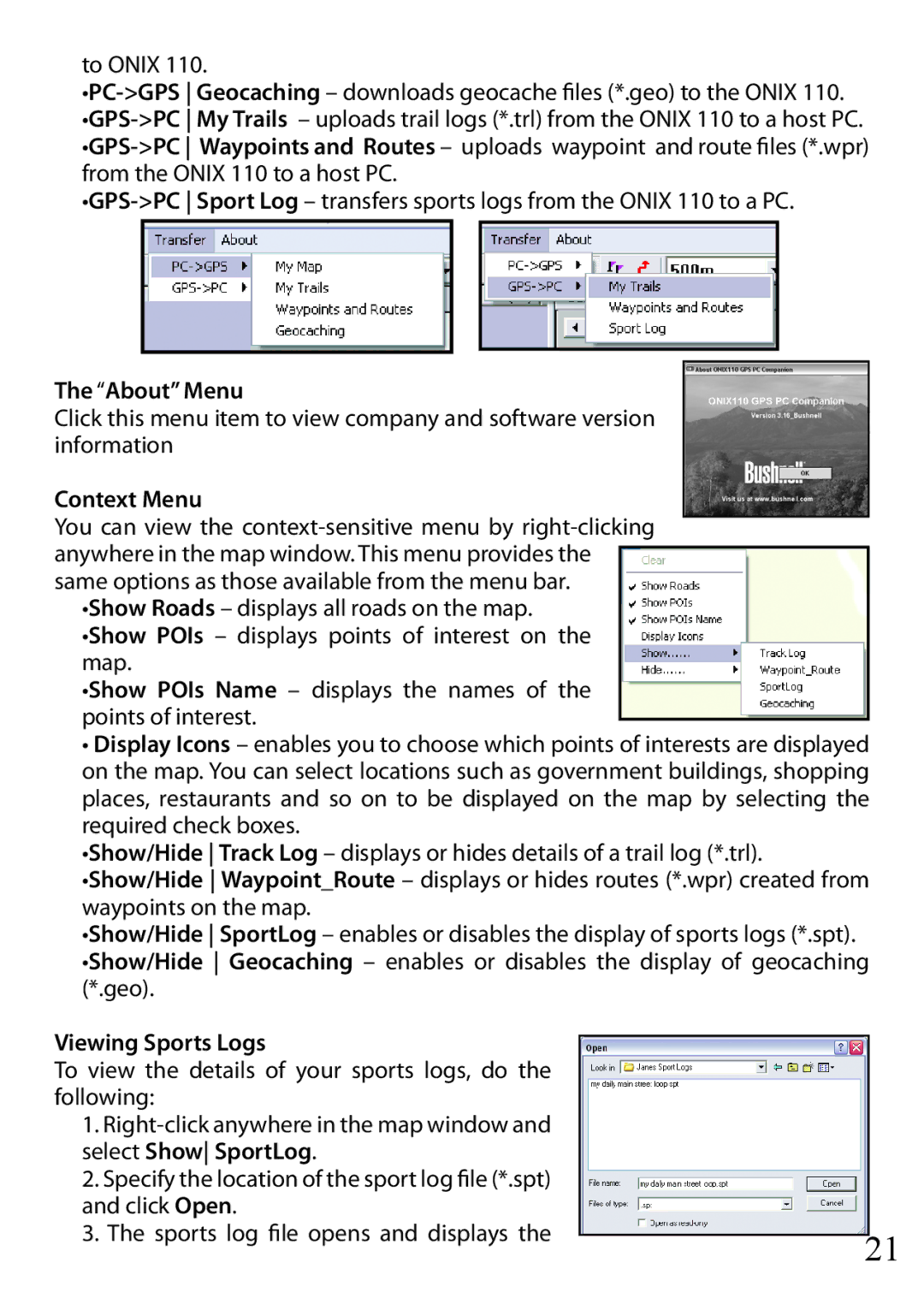 Bushnell 36-1100 quick start About Menu, Context Menu, Viewing Sports Logs 