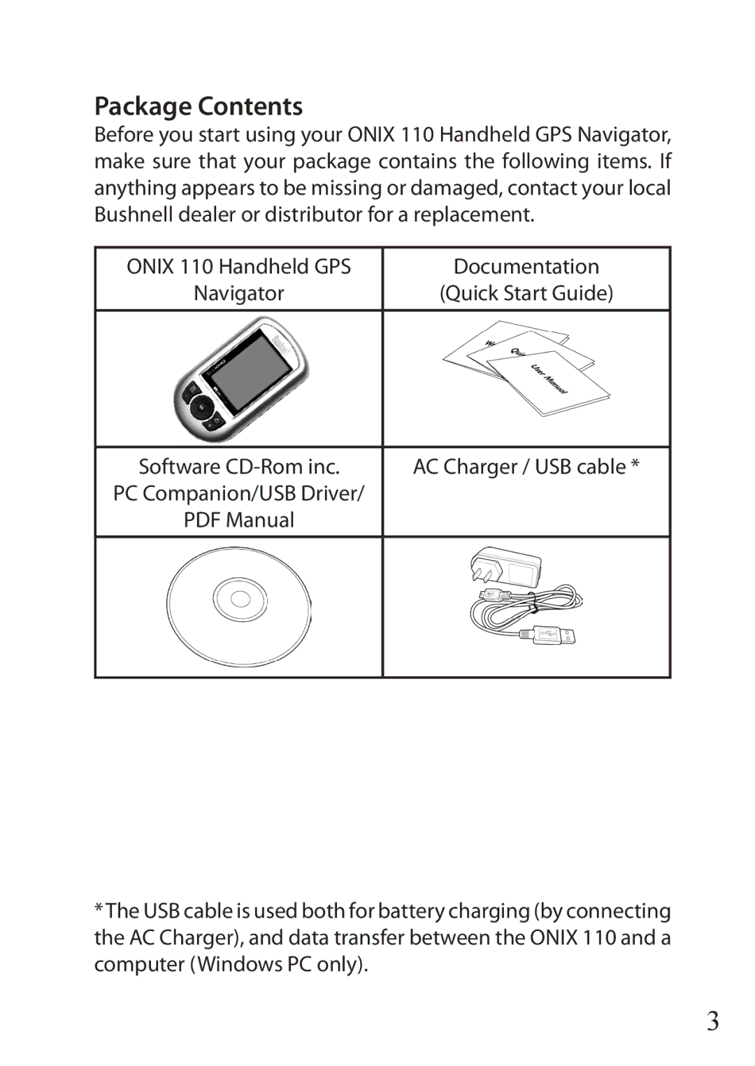 Bushnell 36-1100 quick start Package Contents 