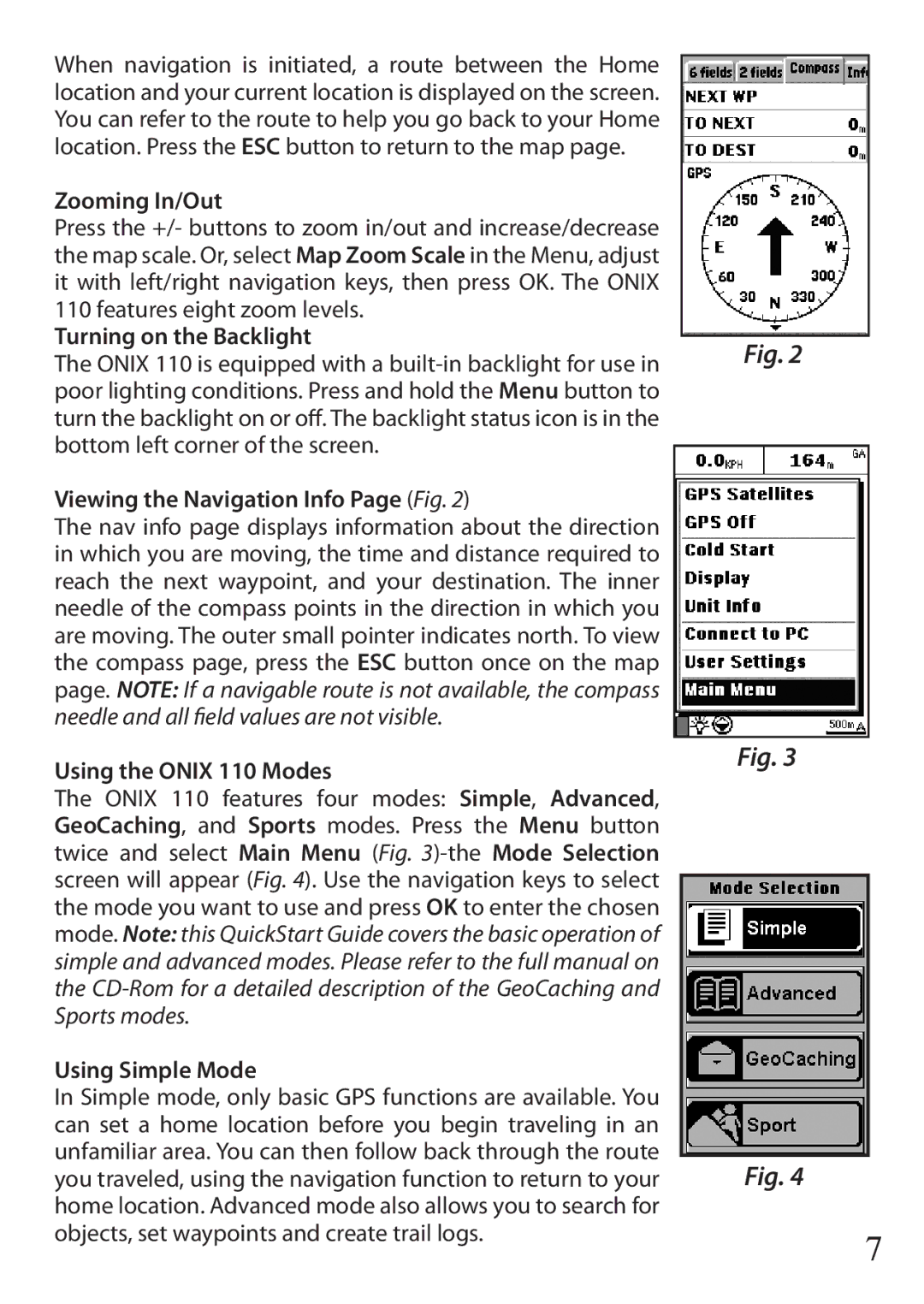 Bushnell 36-1100 Zooming In/Out, Turning on the Backlight, Viewing the Navigation Info Page Fig, Using the Onix 110 Modes 