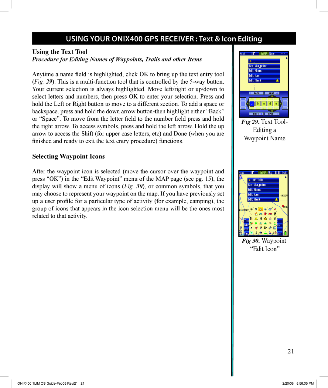 Bushnell 364000 manual Using your onix400 gps receiver Text & Icon Editing, Using the Text Tool, Selecting Waypoint Icons 