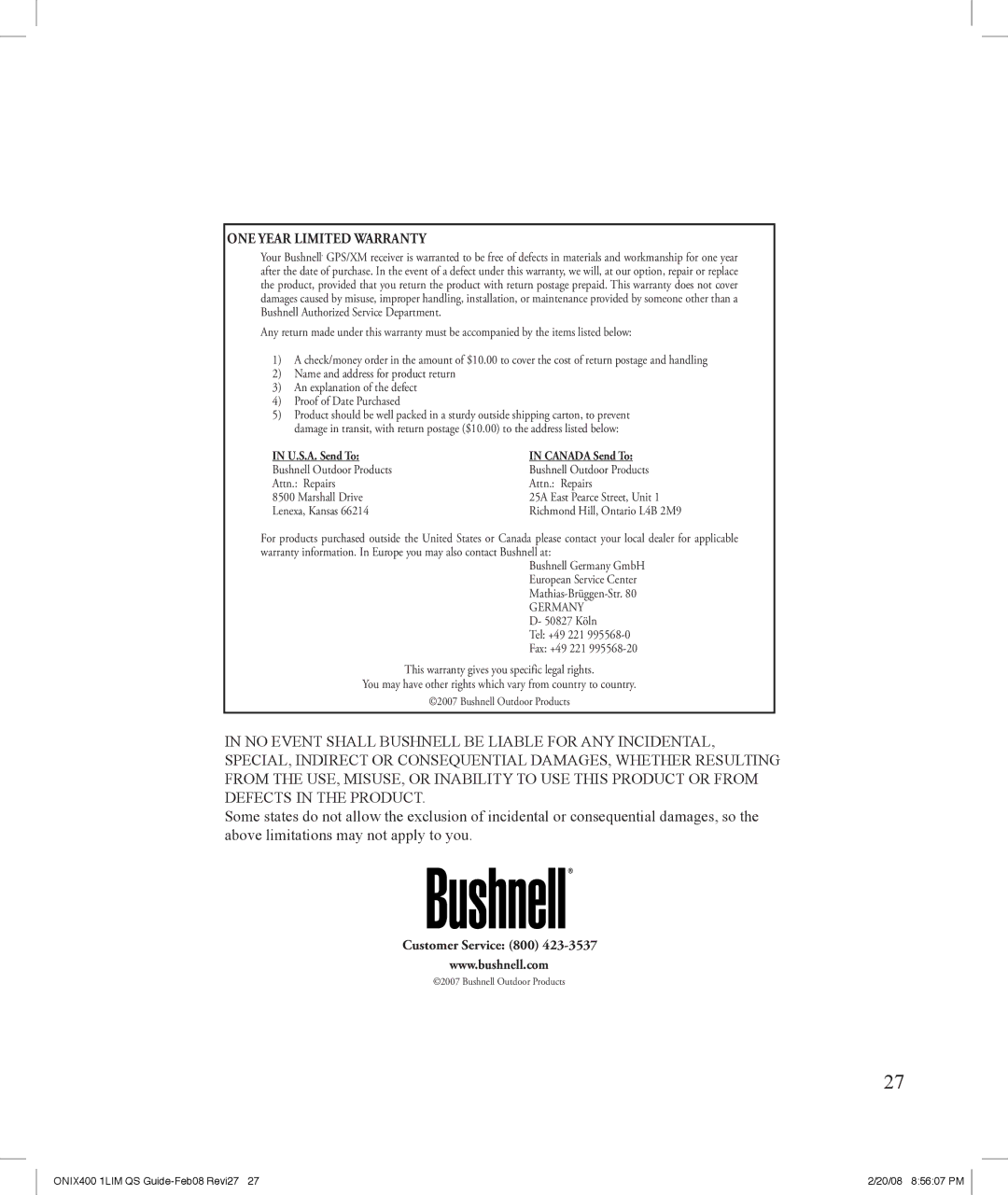 Bushnell 364000 manual Customer Service 800 