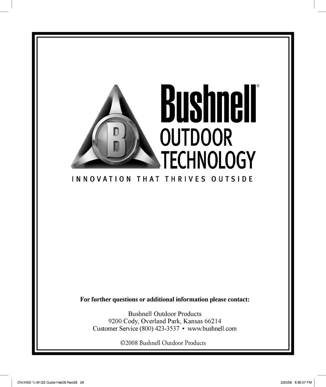 Bushnell 364000 manual Bushnell Outdoor Products Cody, Overland Park, Kansas 