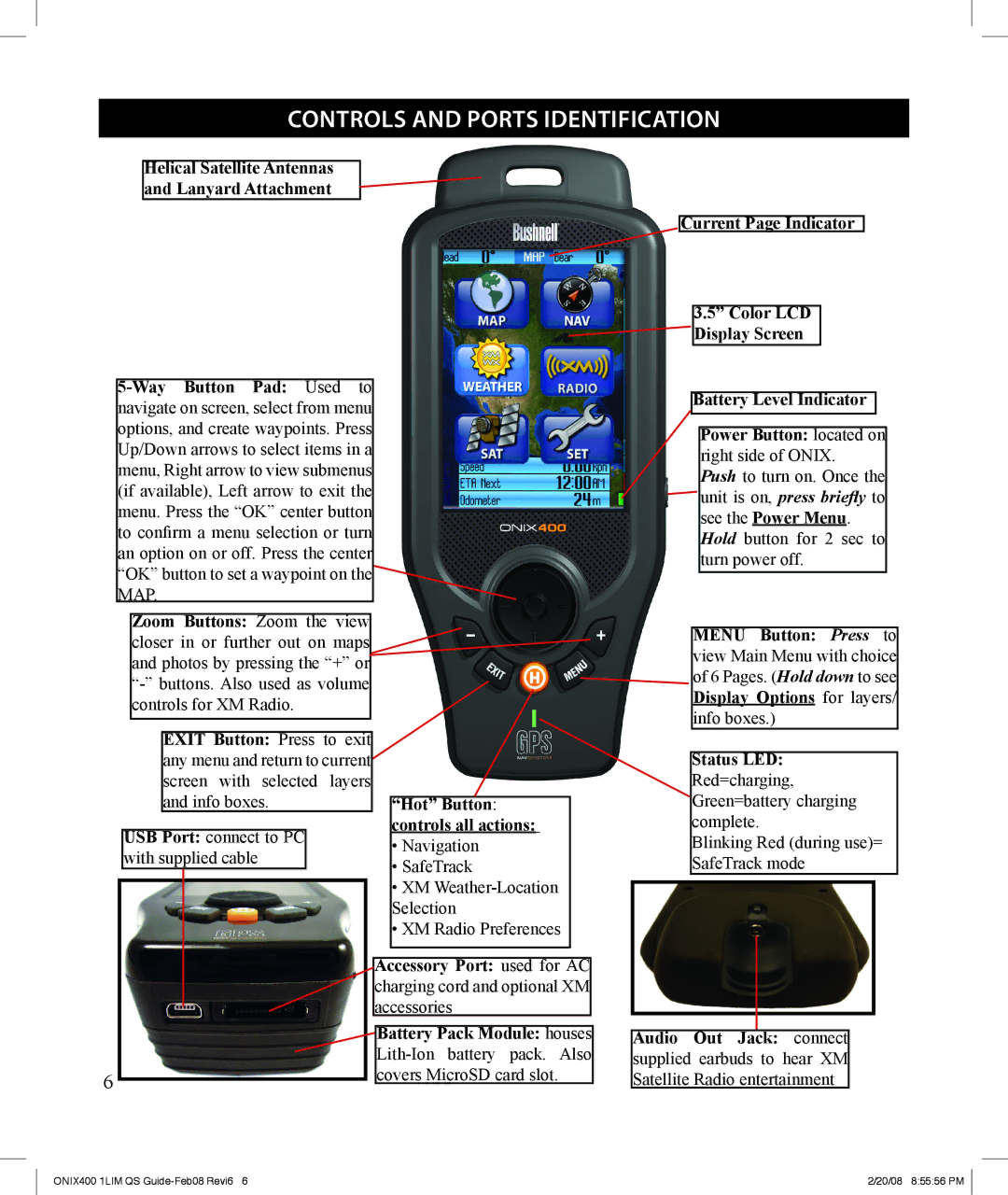 Bushnell 364000 manual Controls and ports identification, Power Button located on 